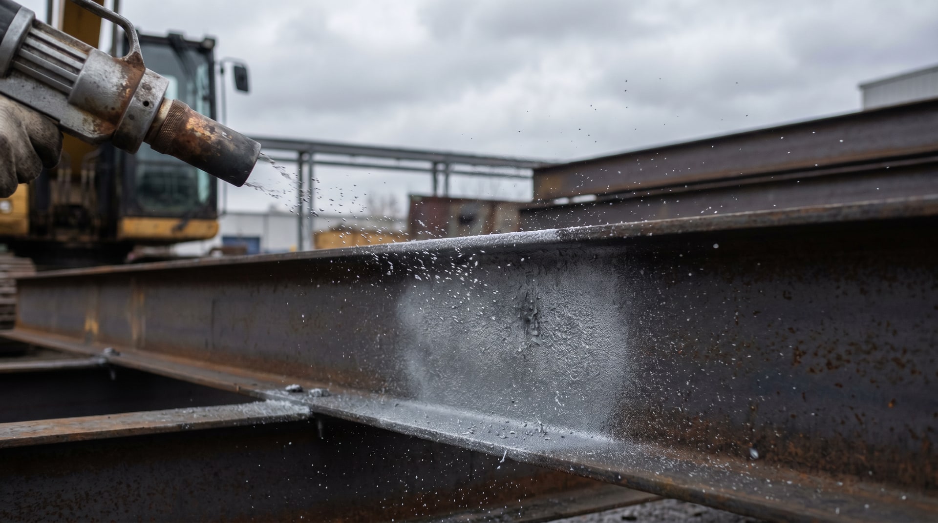 Technician applying zinc spray metallizing to a structural steel beam outdoors, with molten zinc droplets visible against a dark industrial background.