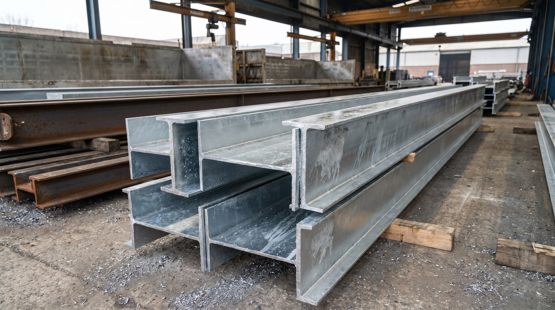 Structural steel I-beams freshly hot-dip galvanized, stacked in an industrial galvanizing plant with a bright metallic zinc coating visible on all surfaces.