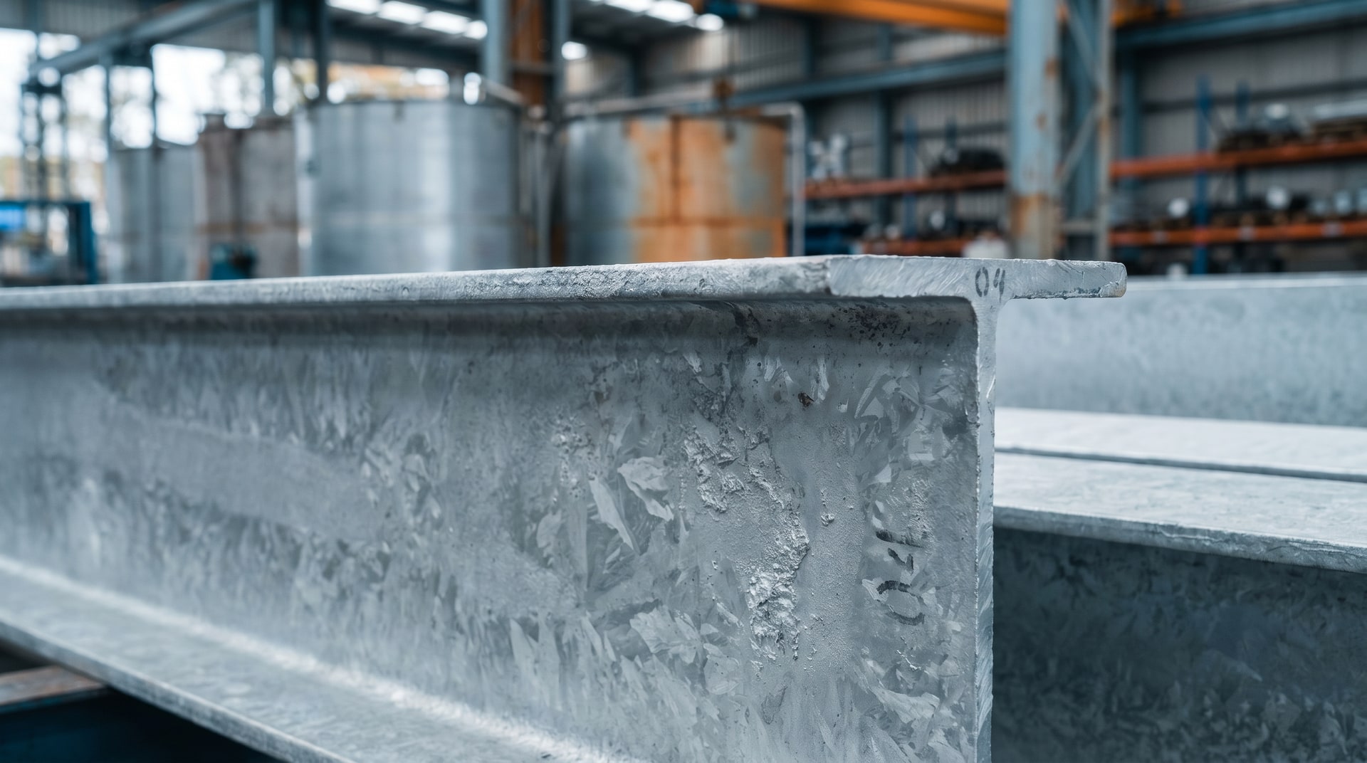Close-up of a freshly galvanized steel structural member showing a visibly rough and textured zinc coating surface under bright industrial lighting in a galvanizing plant.