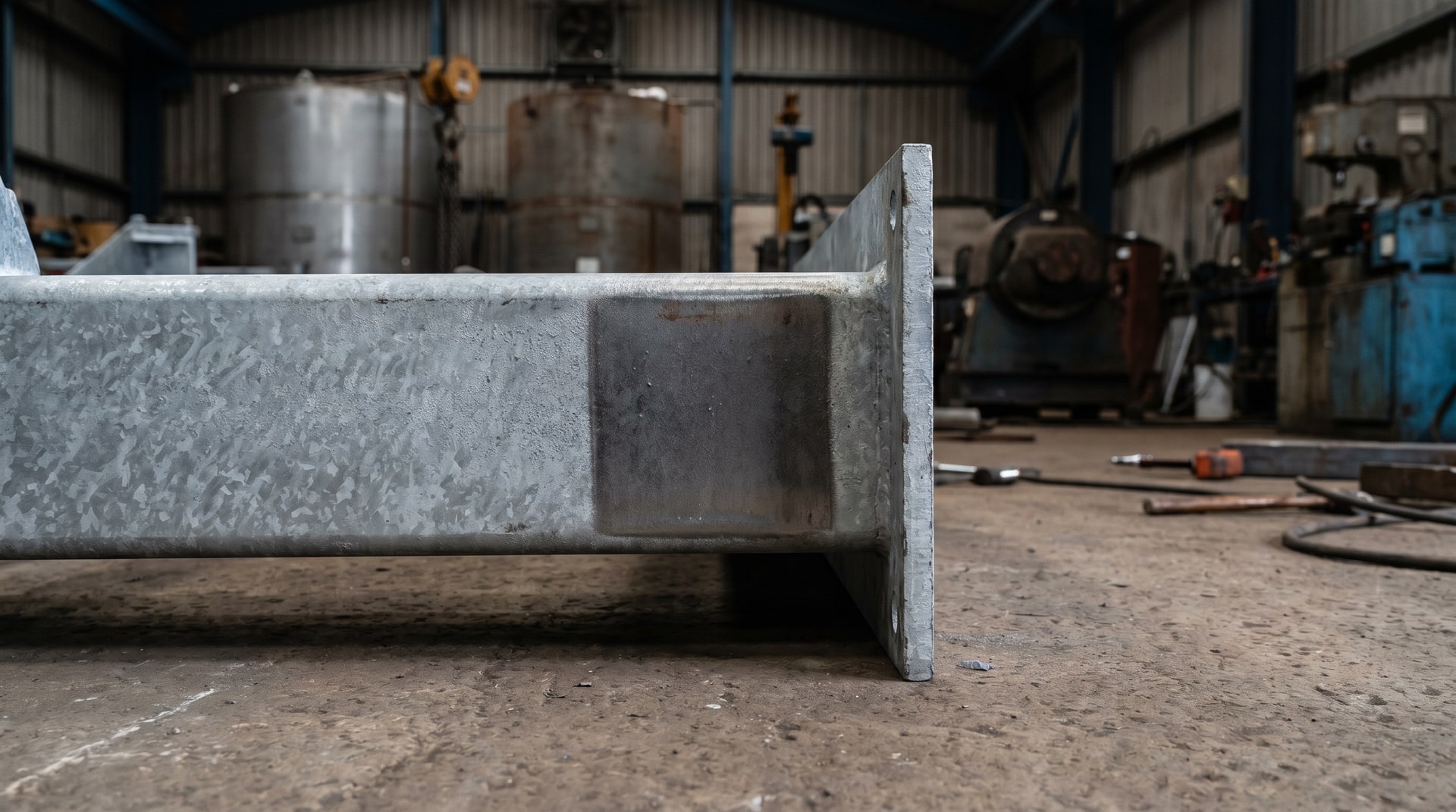 Close-up of a galvanized steel part showing an uncoated touch mark area where two pieces made contact during hot-dip galvanizing, set against a workshop floor with galvanizing equipment in the background.