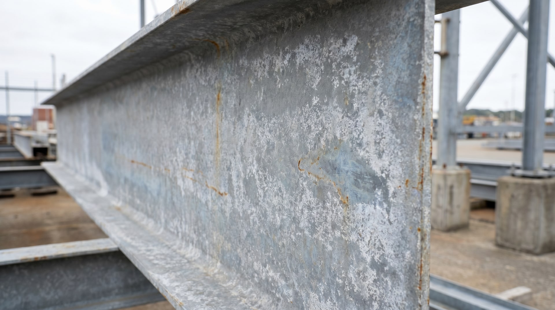 Close-up of a hot-dip galvanized steel structural beam showing a matte gray zinc patina surface weathered in an outdoor coastal industrial environment.