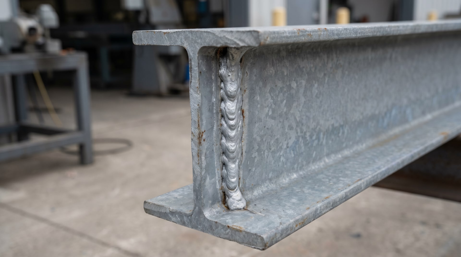 Close-up of a localized zinc run on a hot-dip galvanized steel structural member, showing a thick ridged deposit of solidified zinc on a matte gray galvanized surface.