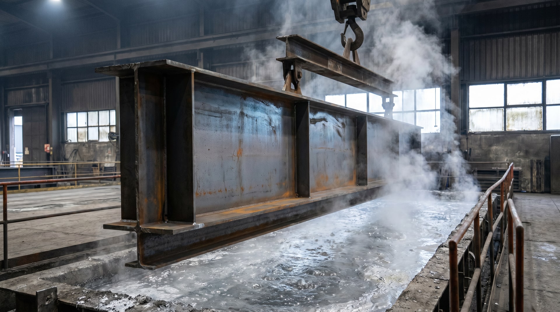 Steel fabricated structural components being lifted by crane into a hot-dip galvanizing kettle filled with molten zinc inside an industrial galvanizing plant.