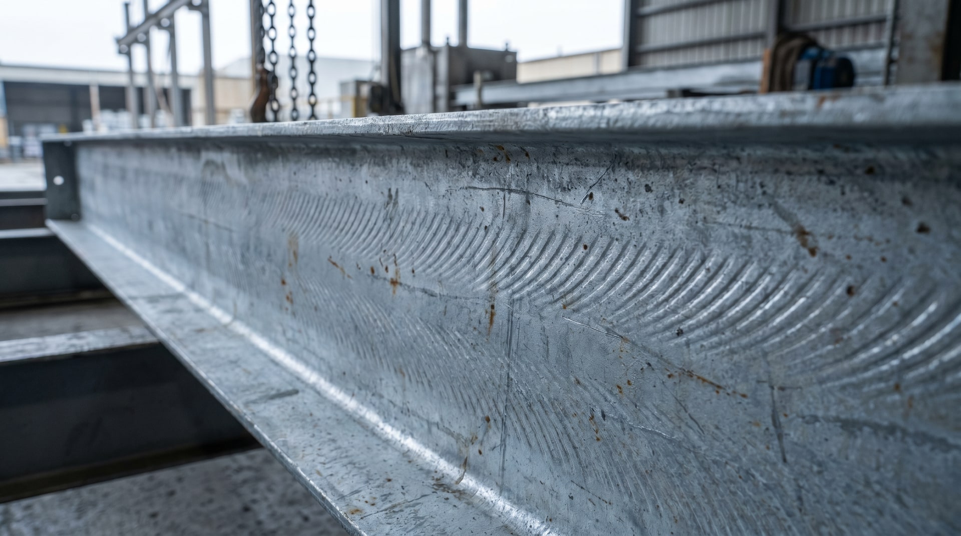 Close-up of a hot-dip galvanized structural steel beam showing raised parallel ridge striations on the zinc coating surface under bright industrial lighting in a galvanizing plant.