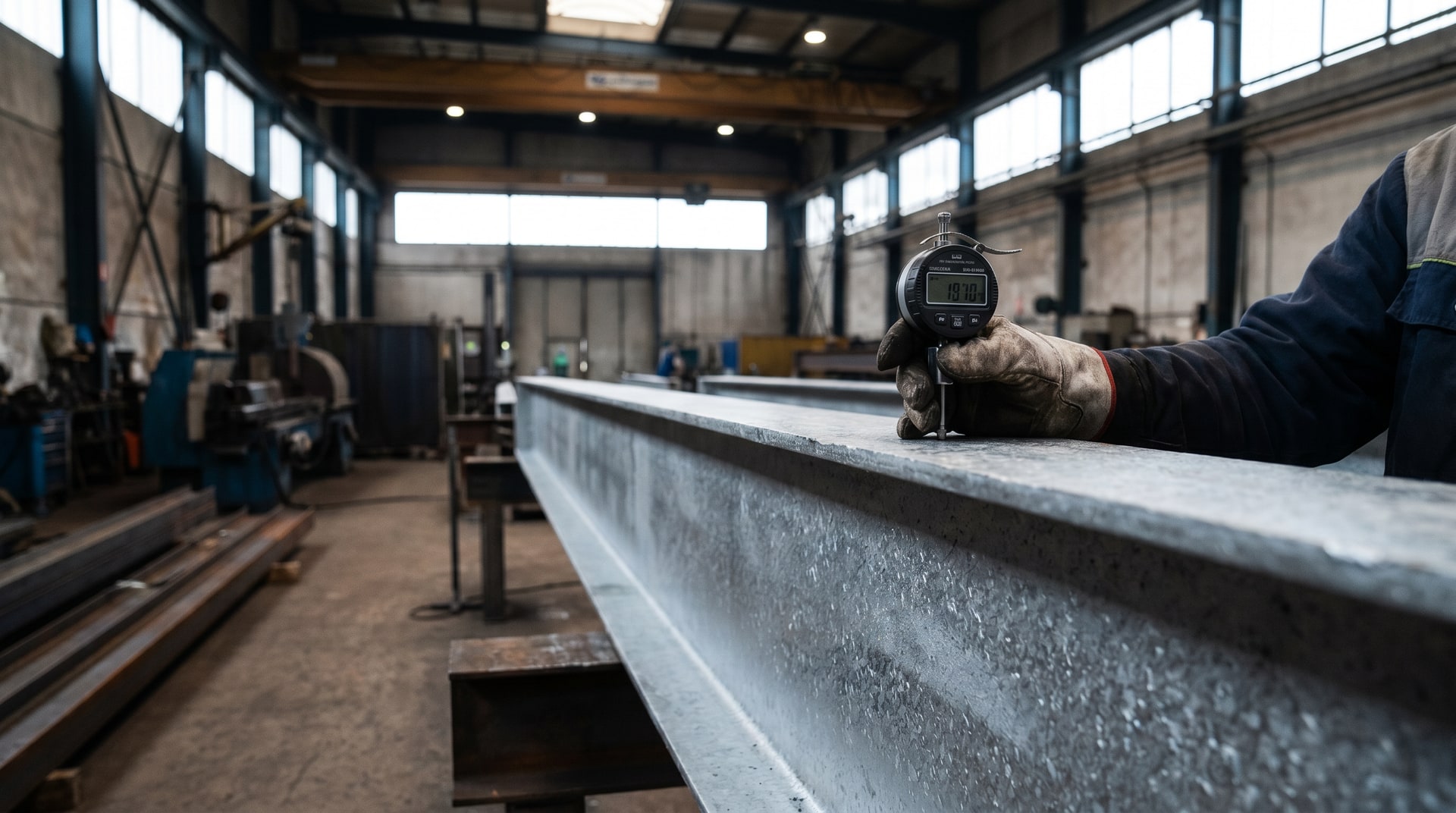 Inspector using an electronic digital thickness gauge to measure zinc coating on a hot-dip galvanized structural steel beam inside an industrial fabrication facility.