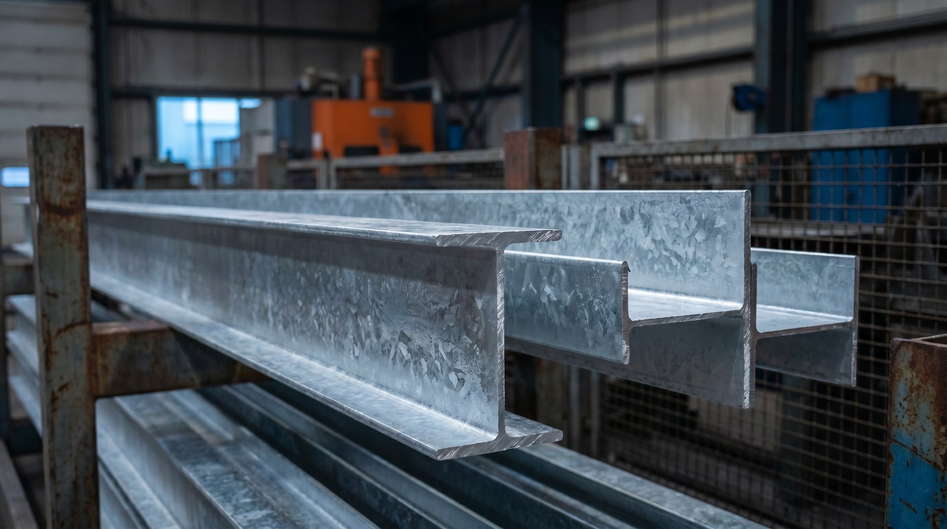 Close-up of freshly hot-dip galvanized steel structural members cooling on a rack inside an industrial galvanizing facility, showing the bright crystalline zinc surface finish.