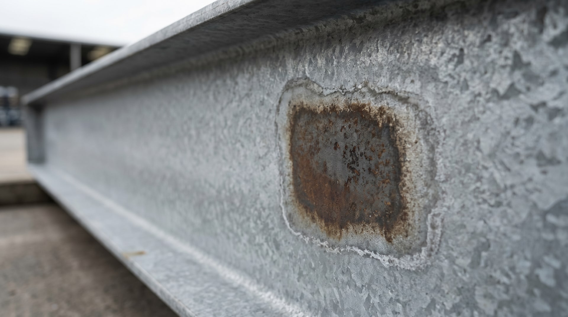 Close-up of a hot-dip galvanized steel beam showing a bare ungalvanized spot where a surface contaminant such as paint or wax prevented zinc adhesion during the galvanizing process.