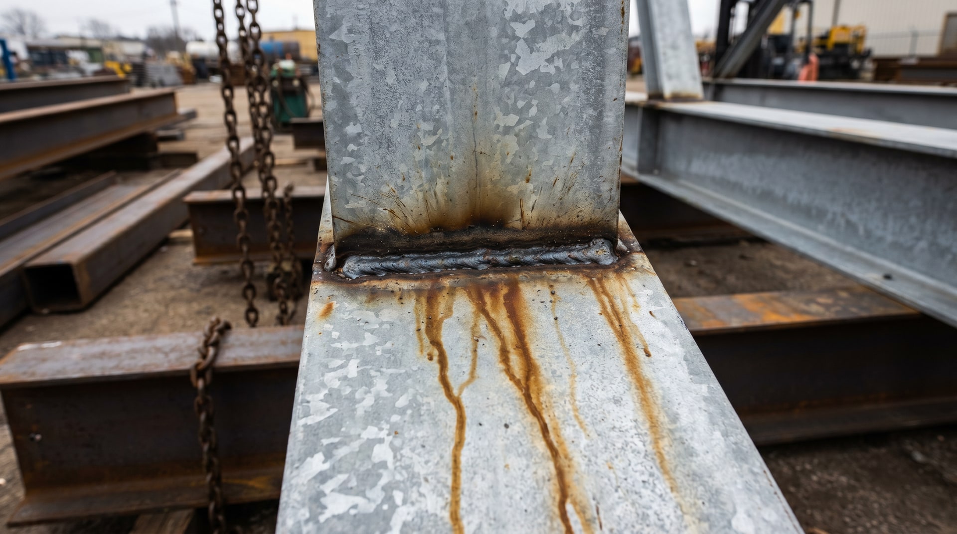 Close-up of a welded steel joint showing brown zinc staining streaks bleeding outward from the weld seam after hot-dip galvanizing, on a structural steel assembly in a fabrication yard.