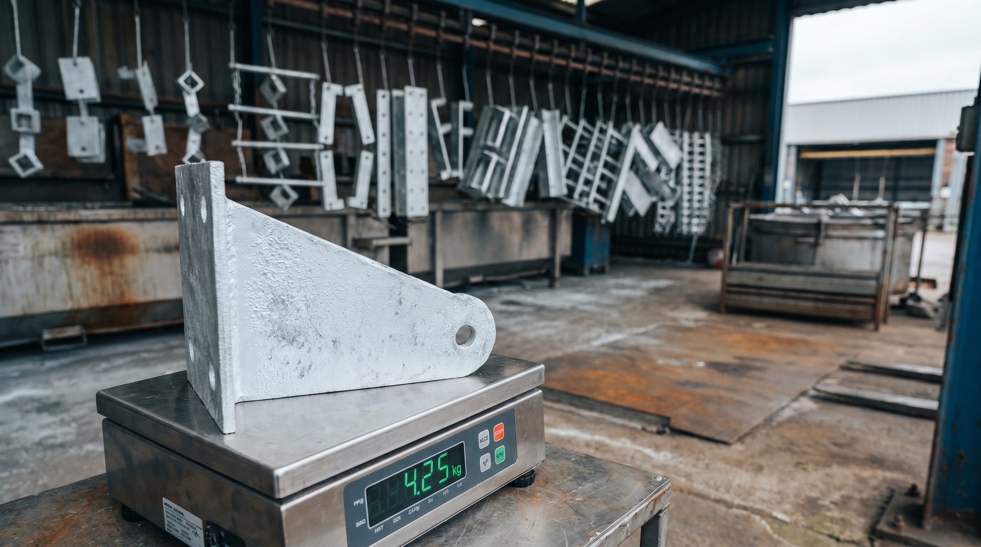 Technician weighing a freshly galvanized steel bracket on a precision industrial scale inside a galvanizing facility, with zinc-coated parts visible in the background.
