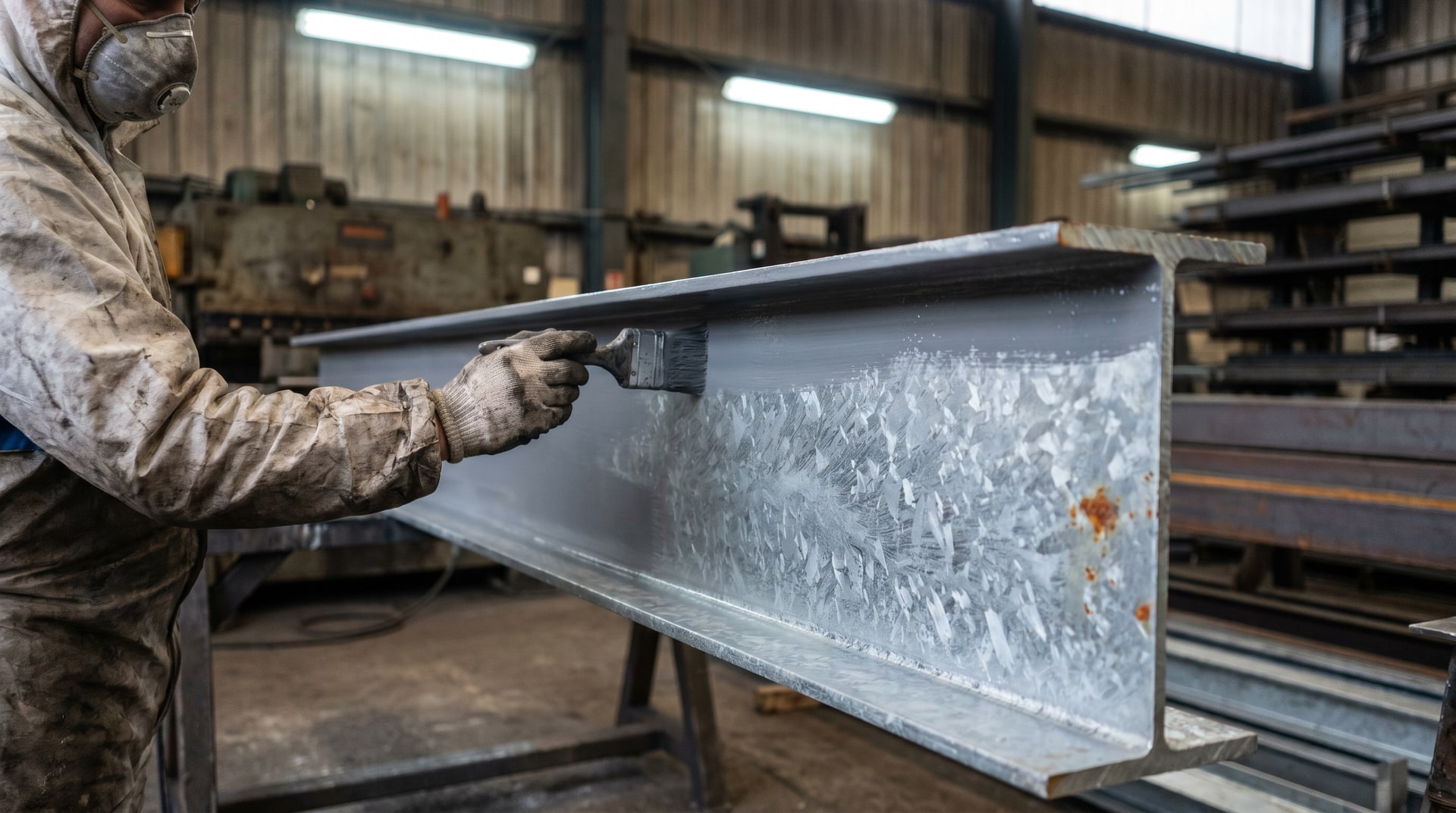 Worker applying paint to a hot-dip galvanized steel structural beam in an industrial coating facility, with visible zinc surface texture under bright overhead lighting.