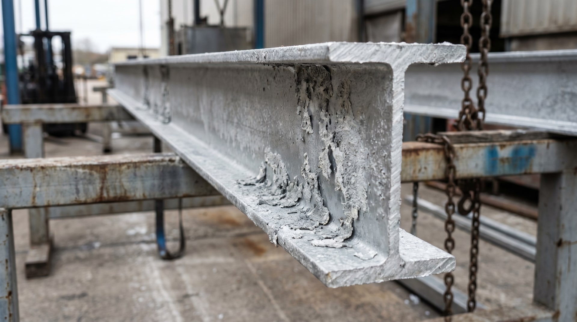 Close-up of zinc skimming deposits on the surface of a freshly galvanized steel structural member resting on a rack inside a galvanizing facility.