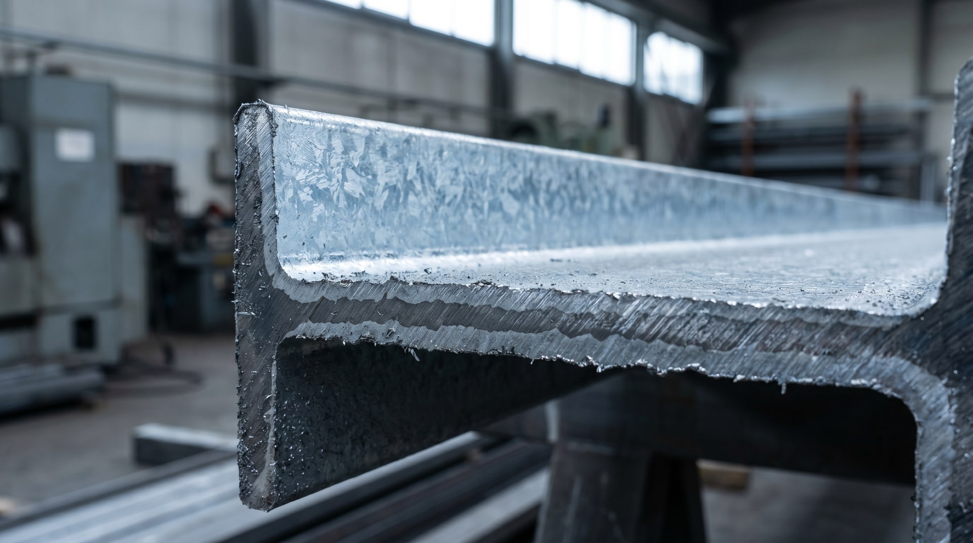 Cross-section of a freshly galvanized structural steel beam showing distinct zinc-iron alloy layers and outer pure zinc surface coating under close industrial inspection lighting.