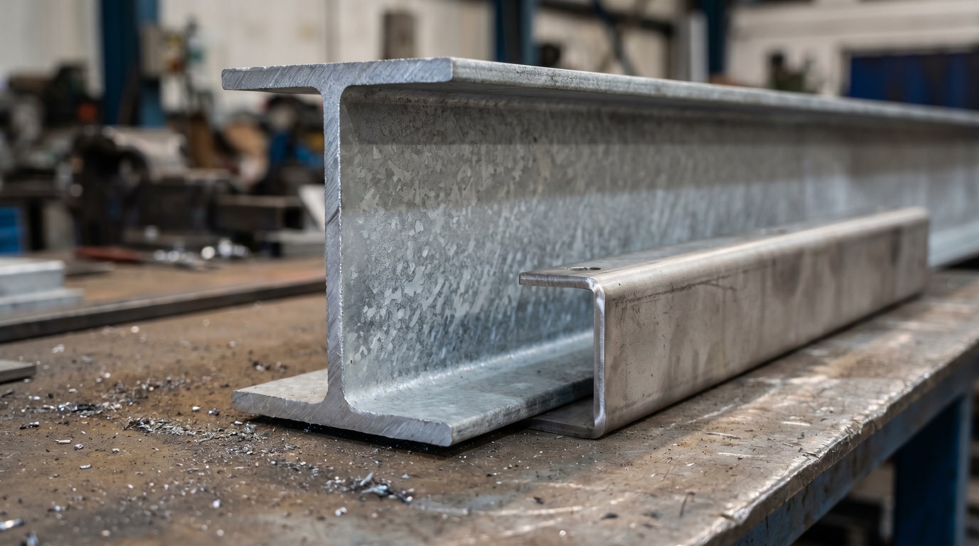 Close-up of a galvanized structural steel beam cross-section showing a bright zinc coating alongside an ungalvanized stainless steel component in an industrial fabrication facility.