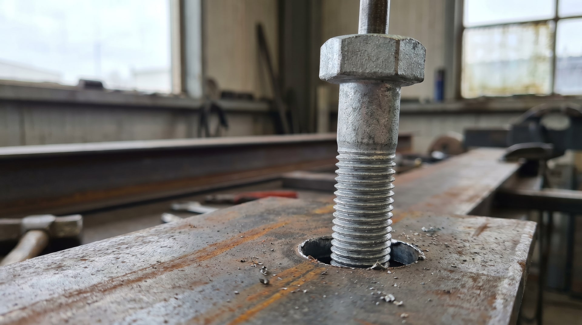 Close-up of a hot-dip galvanized hex bolt being inserted through a steel plate clearance hole in a fabrication shop, showing the zinc-coated threads and silver-gray coating surface.