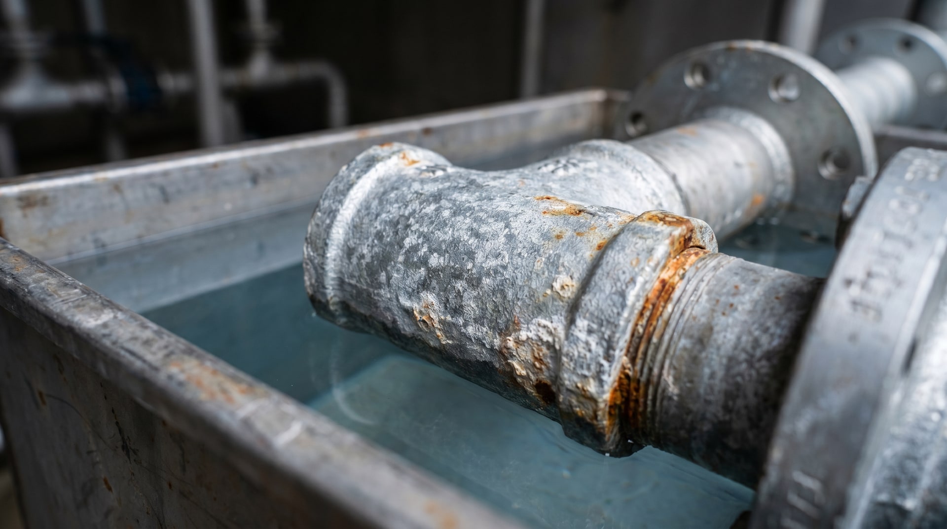 Close-up of a hot-dip galvanized steel pipe fitting submerged in a clear liquid inside an industrial fluid handling system, showing the zinc coating surface under chemical exposure conditions.