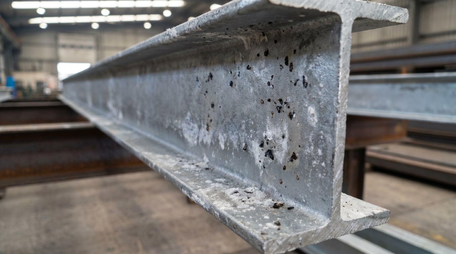 Close-up of a freshly galvanized structural steel assembly showing gray surface deposits and dark flux inclusion spots on the zinc coating surface under bright industrial lighting in a galvanizing plant.