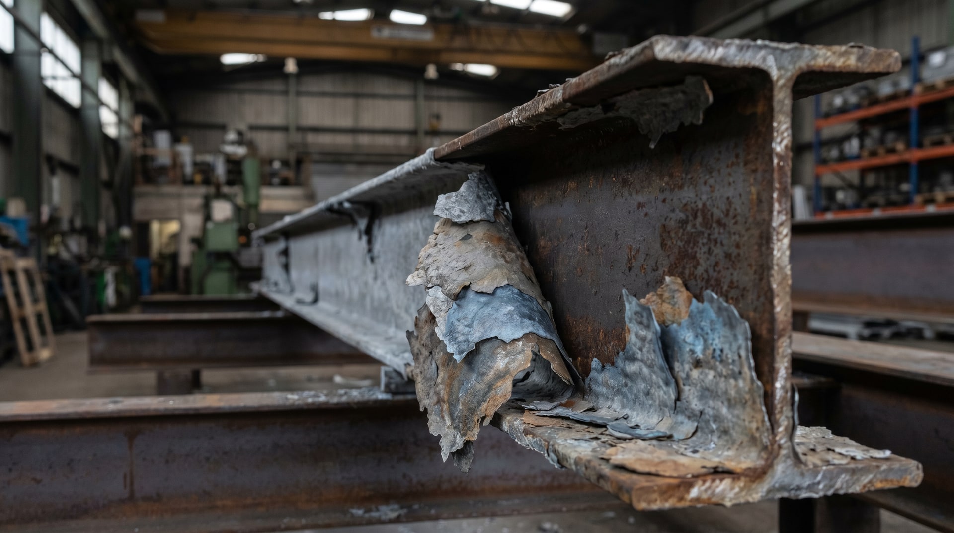 Close-up of a thick, flaking galvanized zinc coating peeling away from a heavy structural steel beam surface inside a galvanizing facility, showing delaminated intermetallic layers.