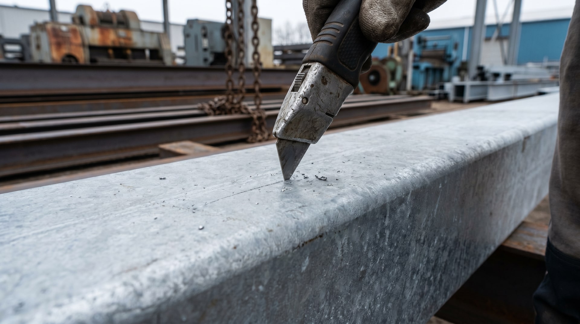 Inspector using a stout knife to perform an adherence test on a hot-dip galvanized steel structural member, showing the zinc coating surface under close examination in an industrial setting.