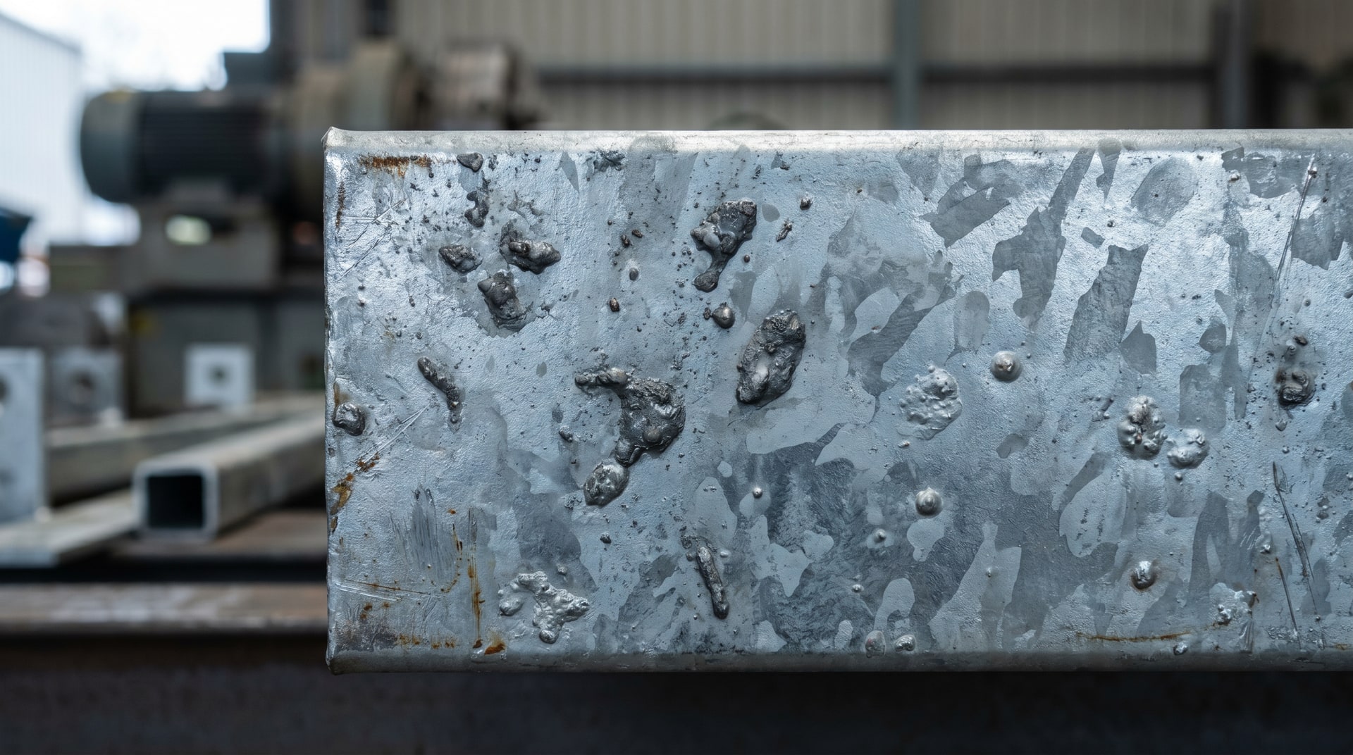 Close-up of a rough hot-dip galvanized steel surface showing raised pimple-like dross inclusions and uneven zinc coating texture under bright industrial lighting.