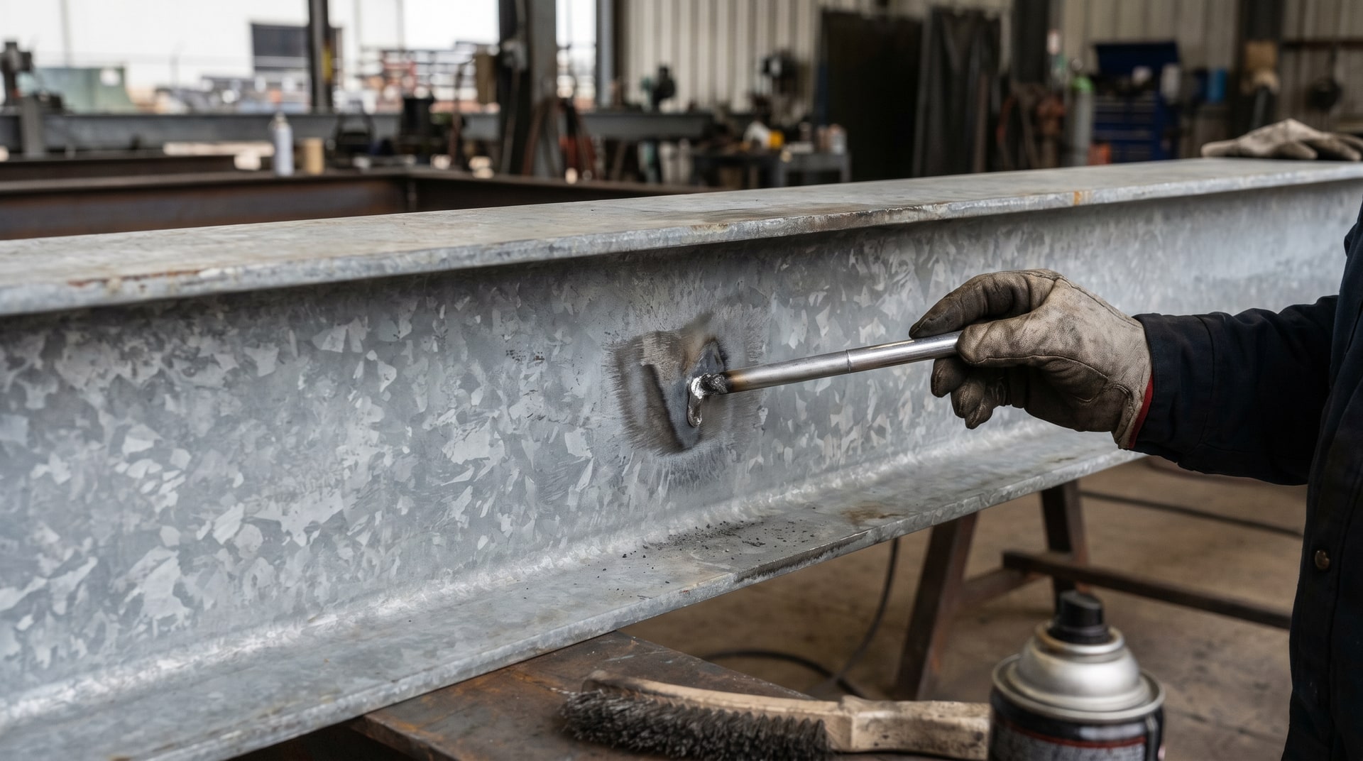 Technician applying zinc-based solder stick to a damaged area on a hot-dip galvanized steel beam in an industrial fabrication shop, with visible zinc coating surrounding the repair zone.
