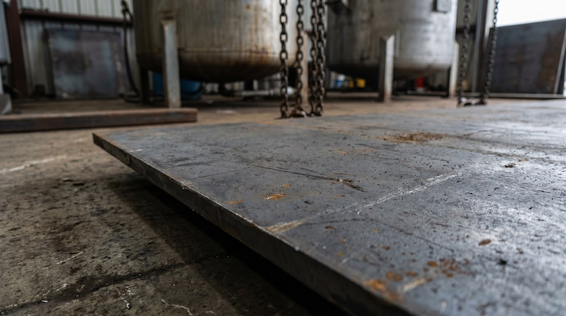 Close-up of AR400 abrasion-resistant steel plate with a rough, matte surface finish resting on a fabrication shop floor next to hot-dip galvanizing kettle equipment.