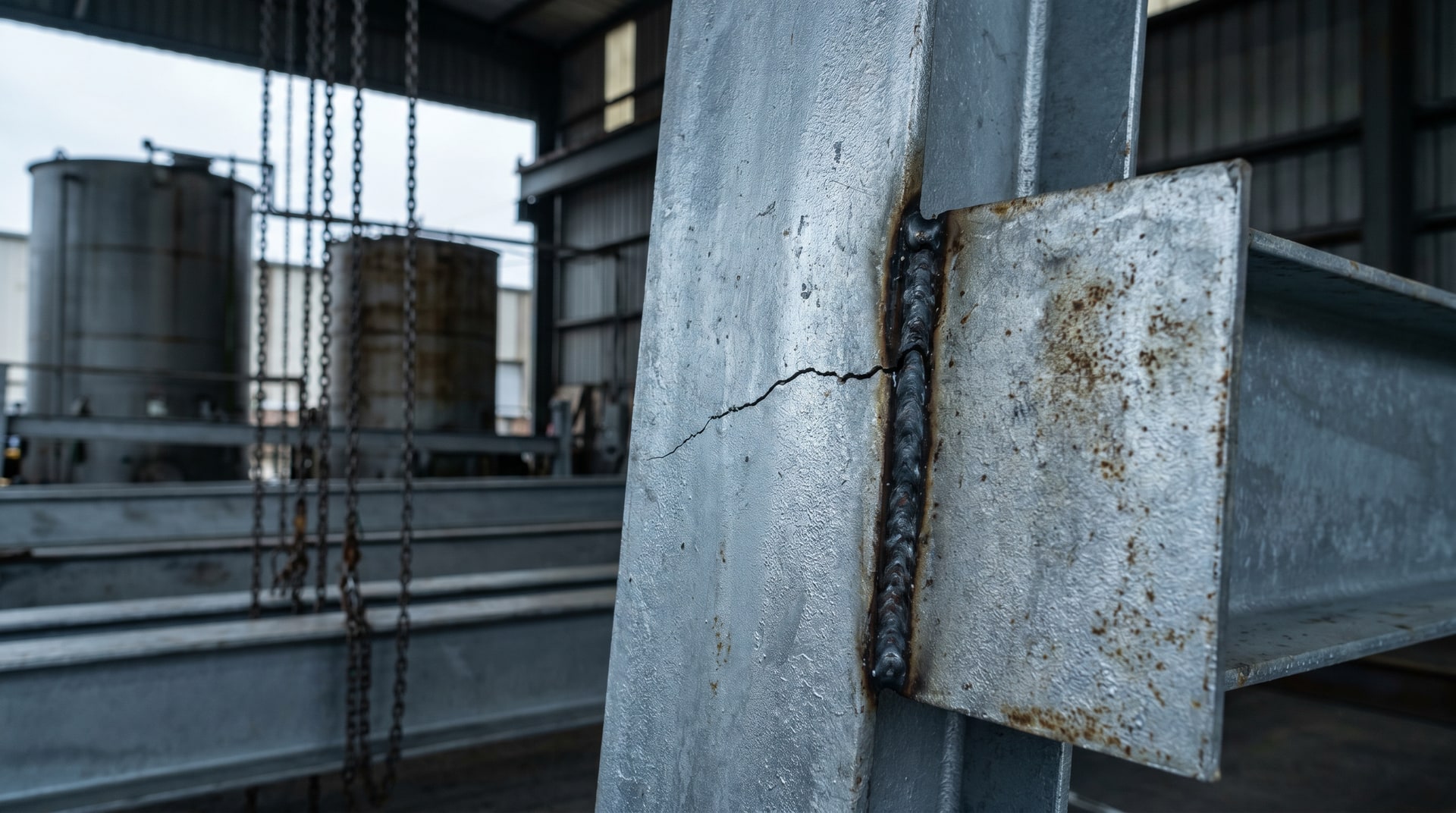 Close-up of a visible crack near a weld bead on a structural steel frame section, with a silvery zinc coating visible on surrounding steel surfaces inside a galvanizing facility.