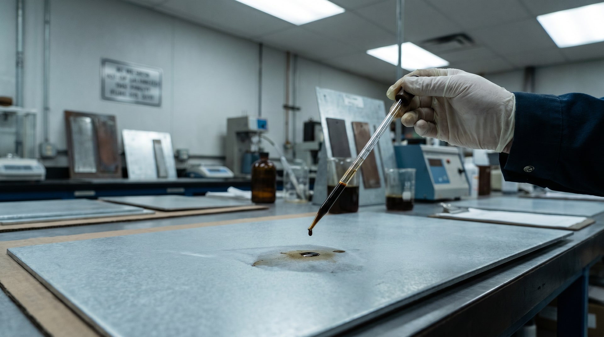Technician applying drops of lead acetate solution to a freshly galvanized steel surface in a quality control lab, examining the result under bright overhead lighting.