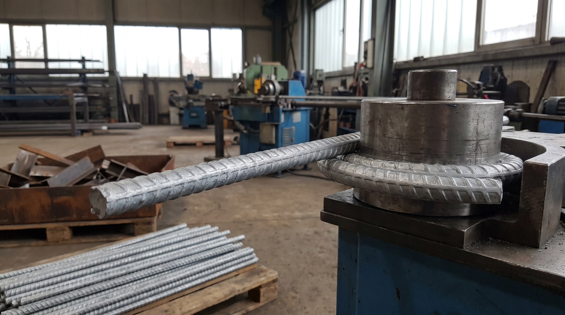 Galvanized steel rebar being bent in a fabrication shop, showing the zinc coating surface under bending stress with no visible flaking or peeling.