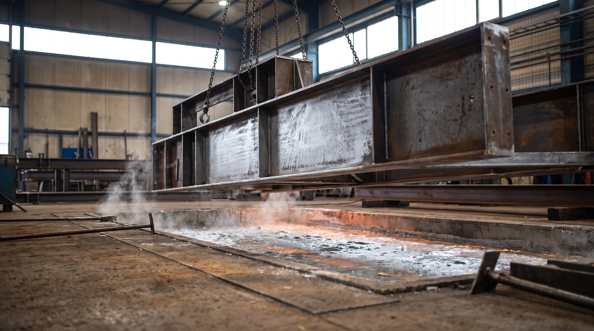 Fabricated structural steel assembly being lowered into a hot-dip galvanizing kettle inside an industrial galvanizing plant, with molten zinc visible at the surface.