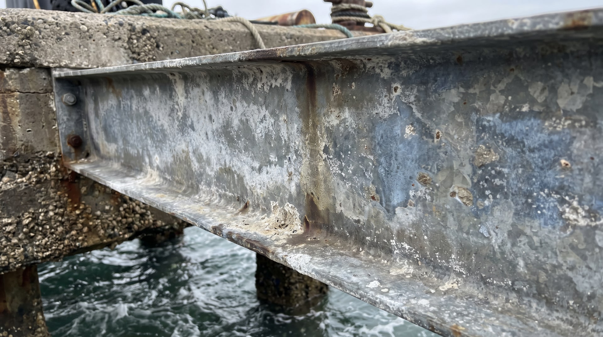 Close-up of a hot-dip galvanized steel structural beam with visible zinc patina surface in an outdoor marine environment, showing weathered corrosion product layer.