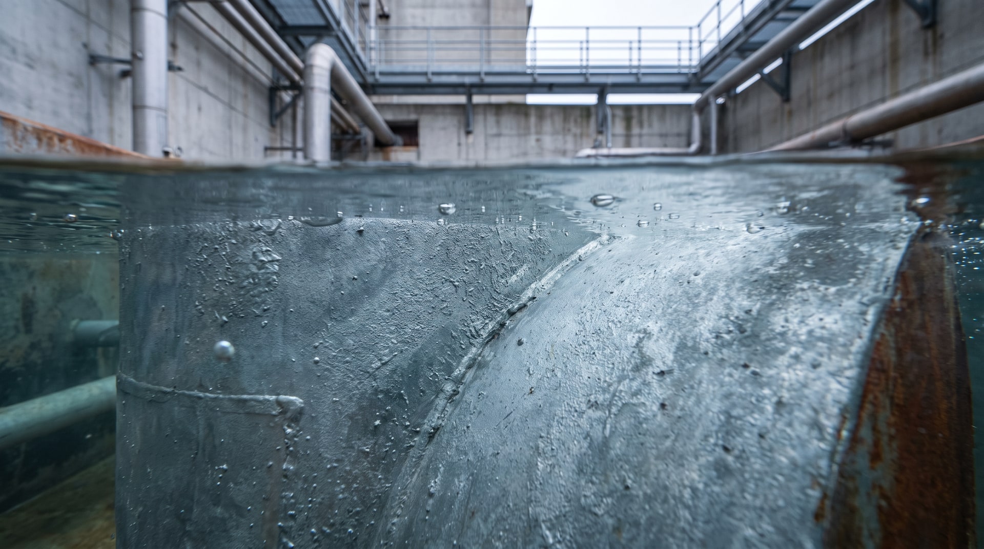 Close-up of a hot-dip galvanized steel tank used for chemical storage, showing the zinc-coated surface submerged in a clear liquid solution in an industrial facility.