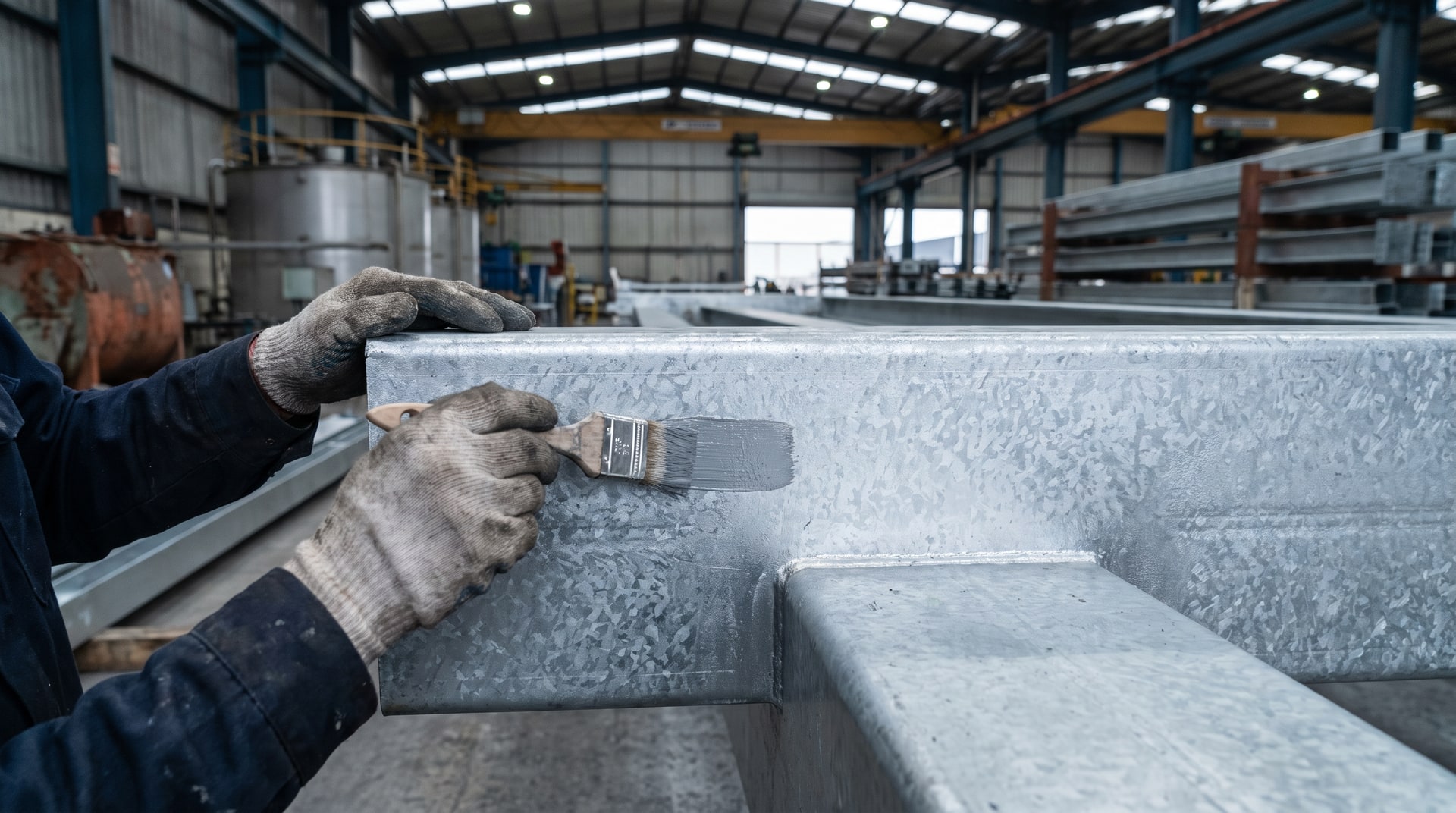 Technician applying zinc-rich paint touch-up to a small bare area on a freshly galvanized structural steel beam inside a galvanizing plant under bright overhead lighting.