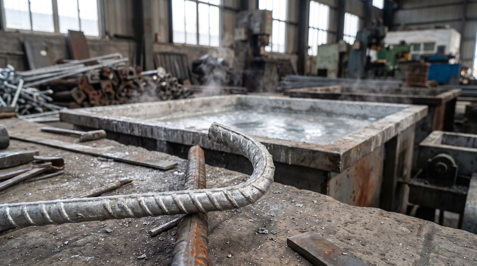 Close-up of a tightly bent steel reinforcing bar with visible surface texture, positioned on a fabrication floor next to a galvanizing kettle in an industrial plant setting.