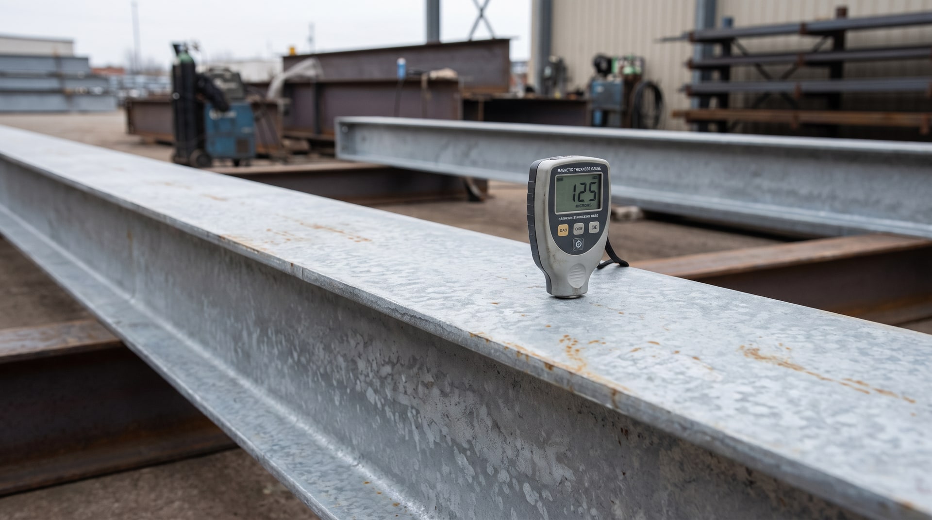 Inspector using a handheld electronic magnetic thickness gauge to measure the zinc coating on a hot-dip galvanized structural steel I-beam in an industrial fabrication yard.