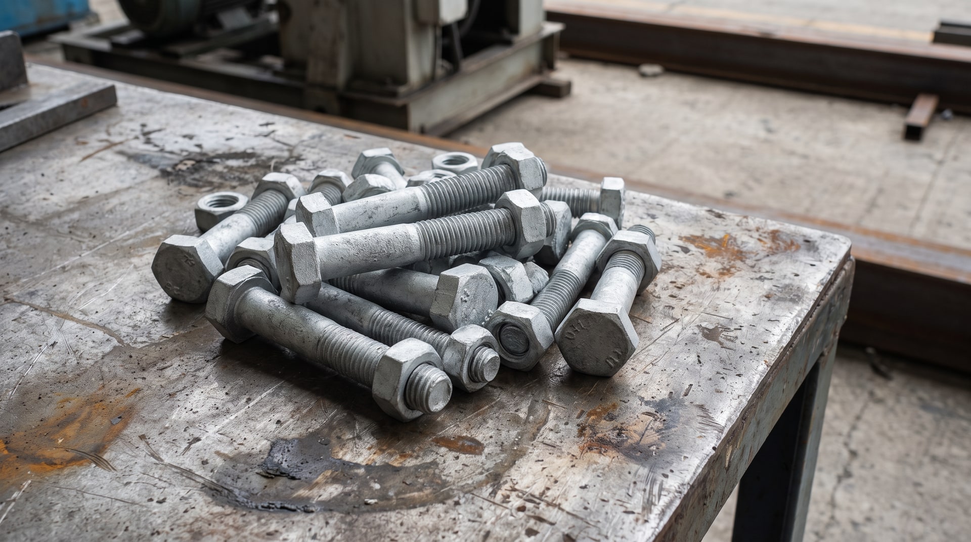Close-up of a pile of hot-dip galvanized hex bolts and nuts with a thick matte-gray zinc coating on threads and bolt heads, photographed on a steel surface in an industrial setting.