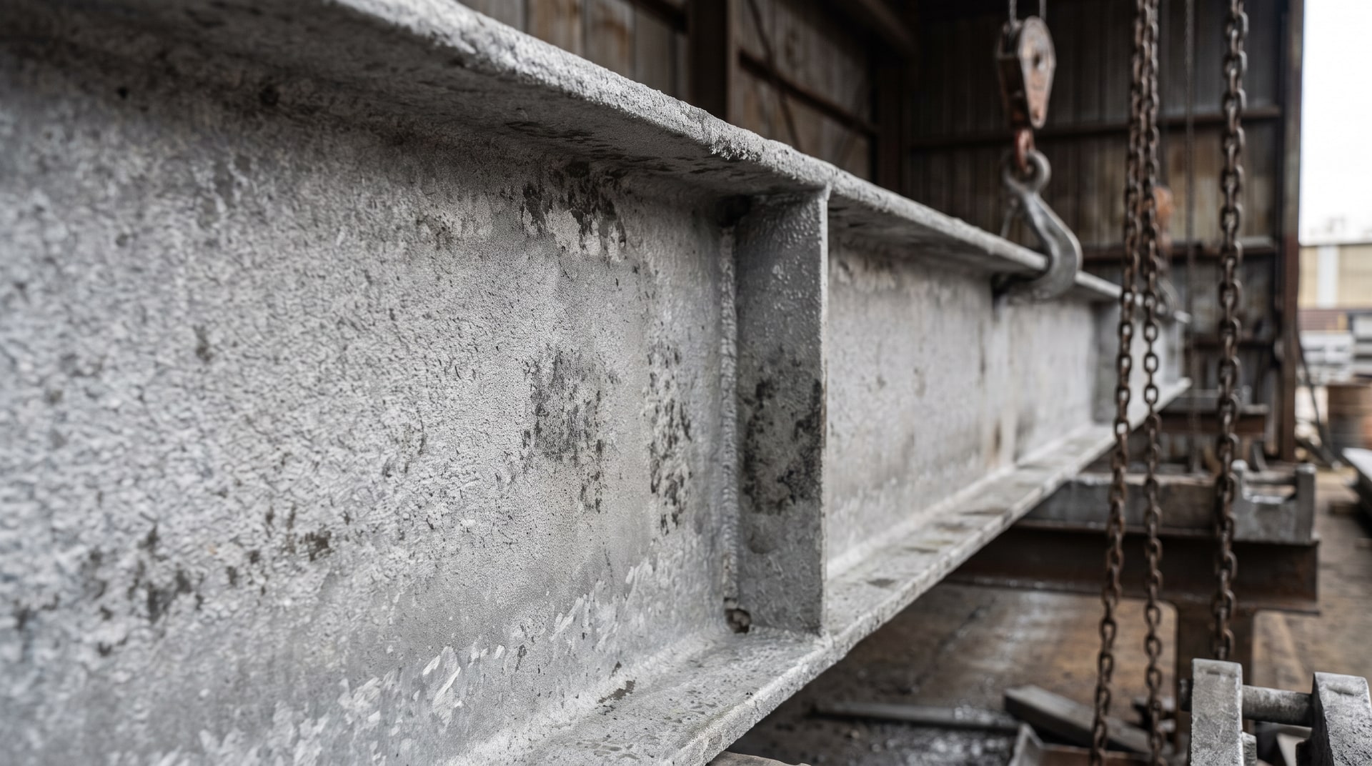Close-up of a freshly galvanized structural steel beam showing a rough, matte gray zinc-iron alloy surface caused by excessive silicon content, inspected by a worker in a galvanizing plant.