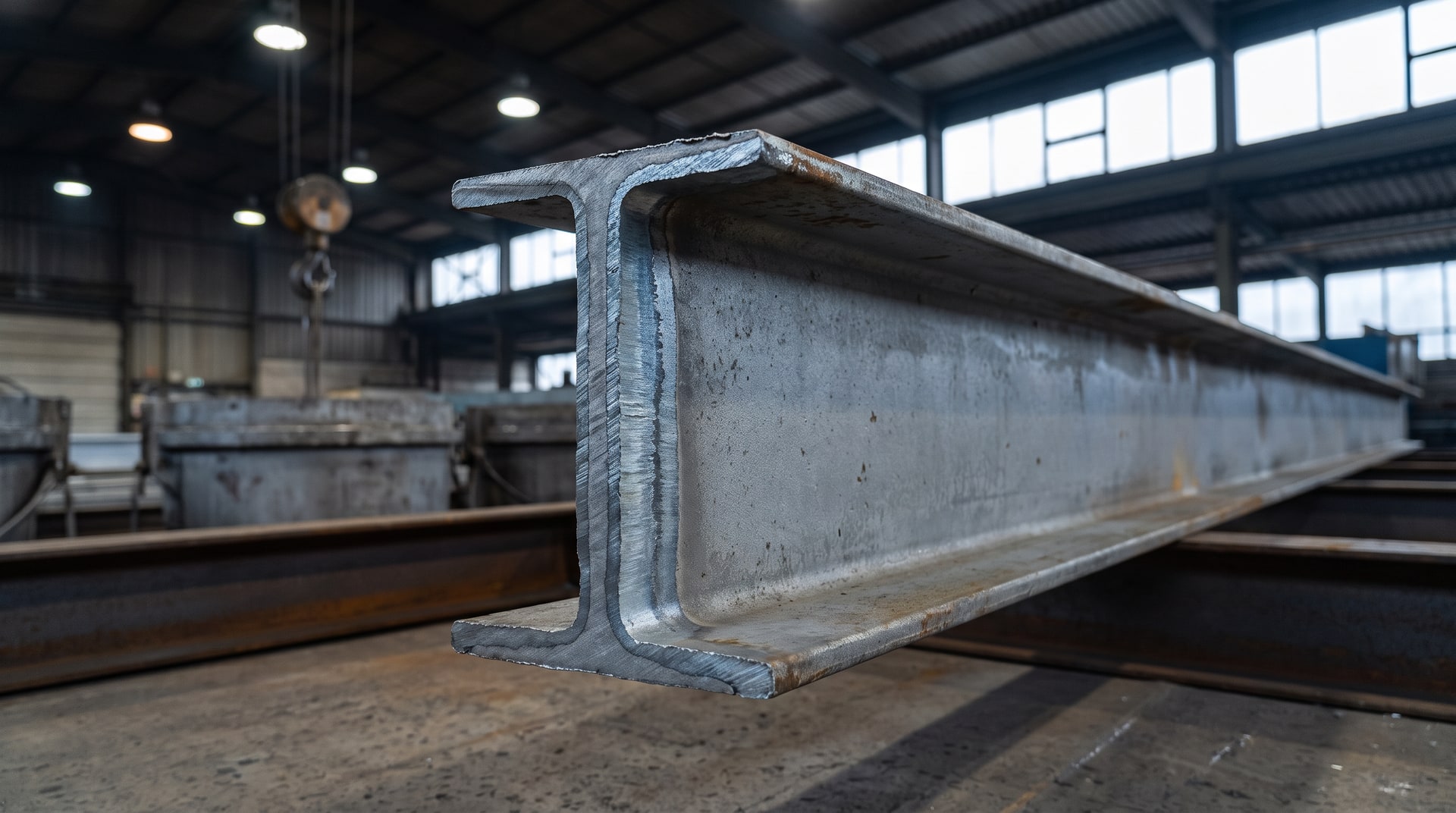 Close-up cross-section view of a hot-dip galvanized steel beam showing layered zinc-iron alloy coating under industrial lighting inside a galvanizing plant.