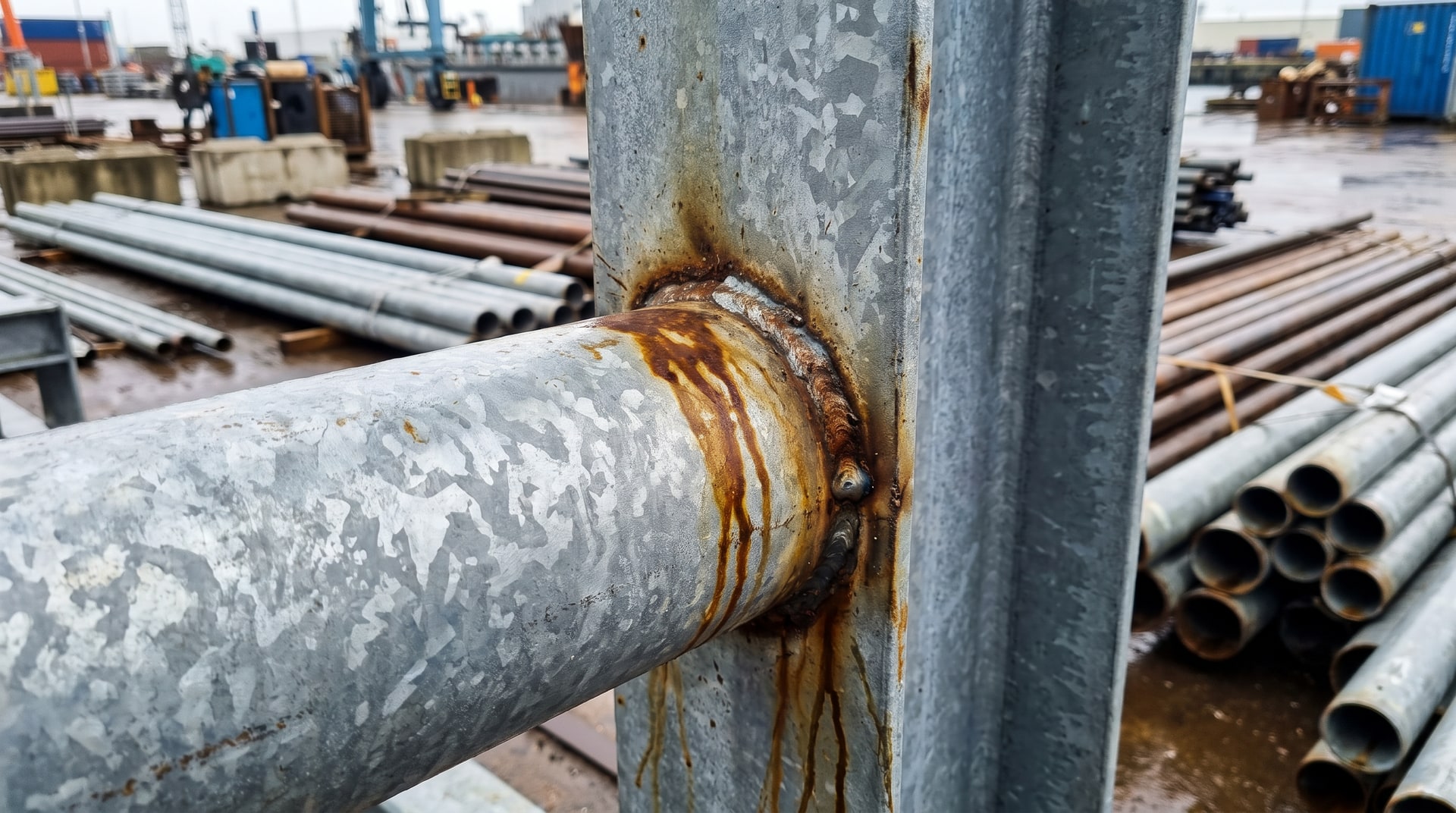 Close-up of rust-brown streaks bleeding down the surface of a hot-dip galvanized steel tube welded to a structural member, photographed in an outdoor industrial yard.