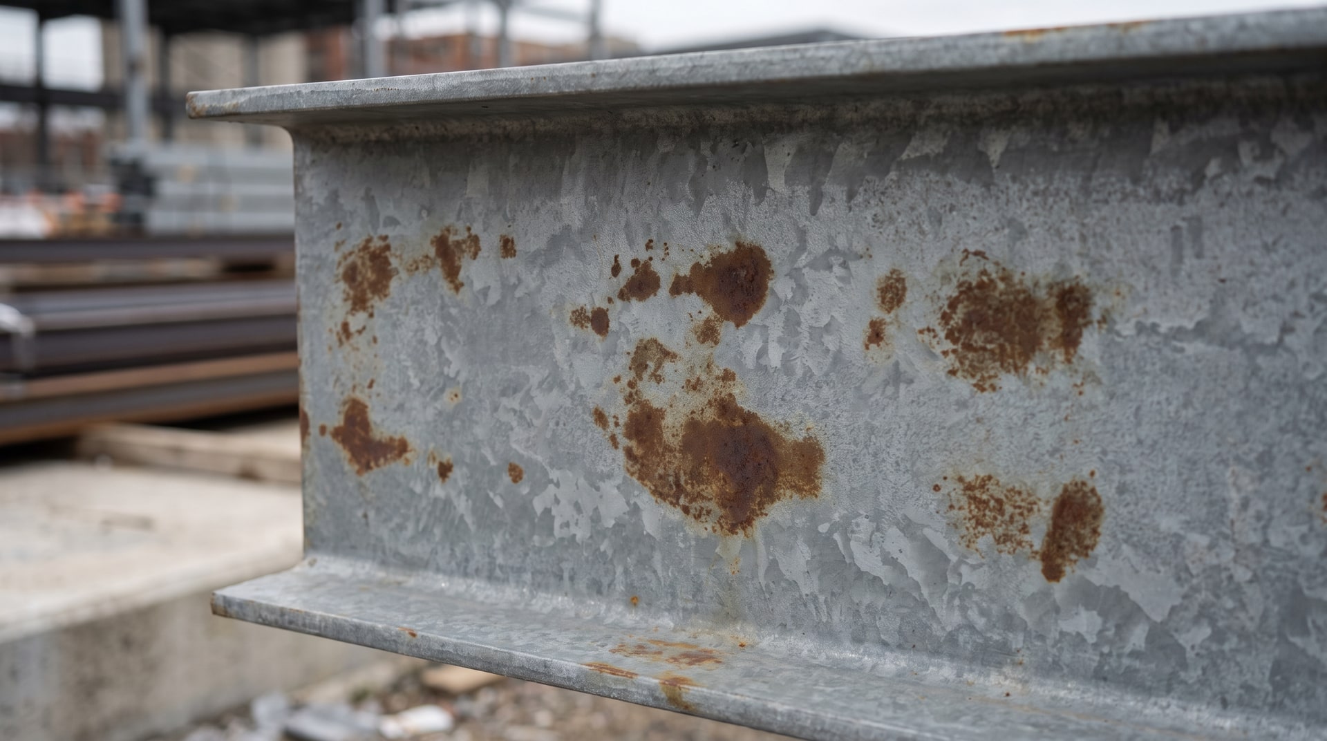 Close-up of a hot-dip galvanized steel structural member showing irregular brown discoloration patches on an otherwise gray zinc coating surface, viewed in natural outdoor light.