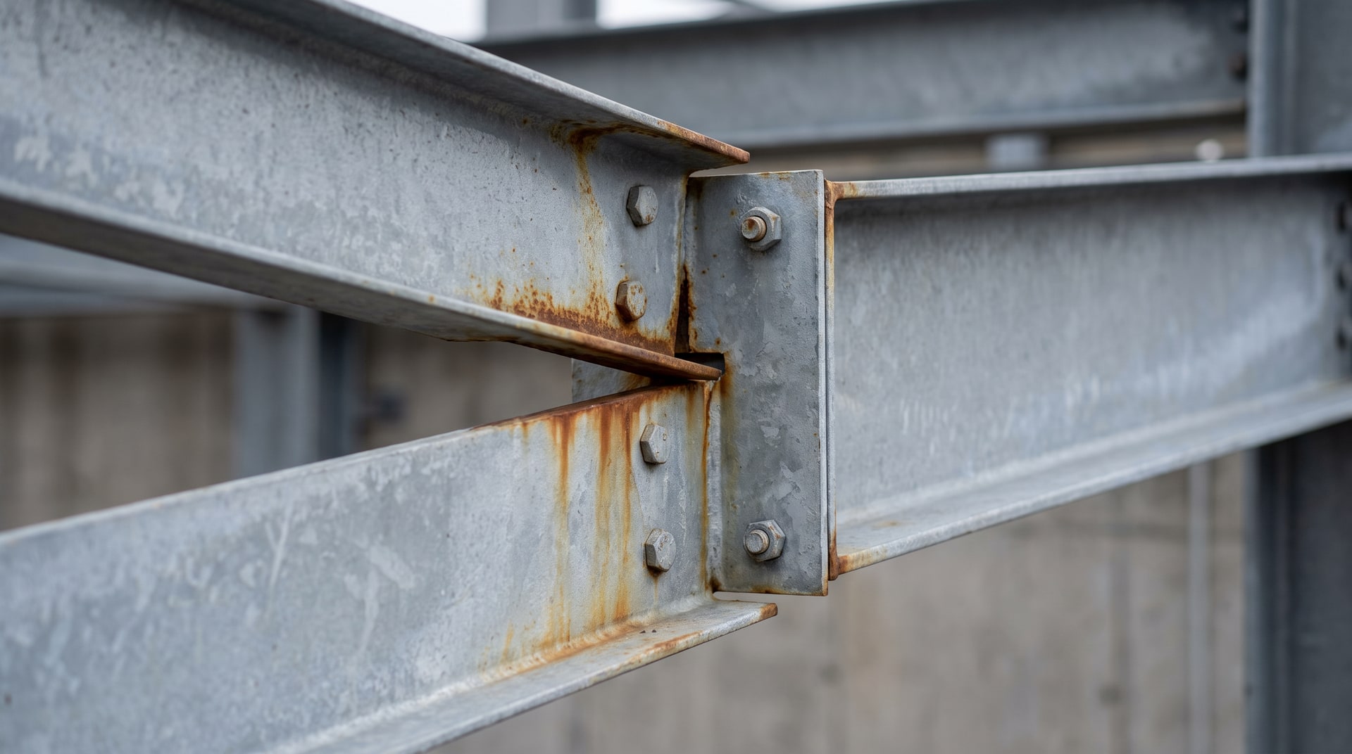 Close-up of rust streaks bleeding from the overlapping joint of a newly hot-dip galvanized steel structural connection, showing orange-brown iron oxide staining against the zinc coating.