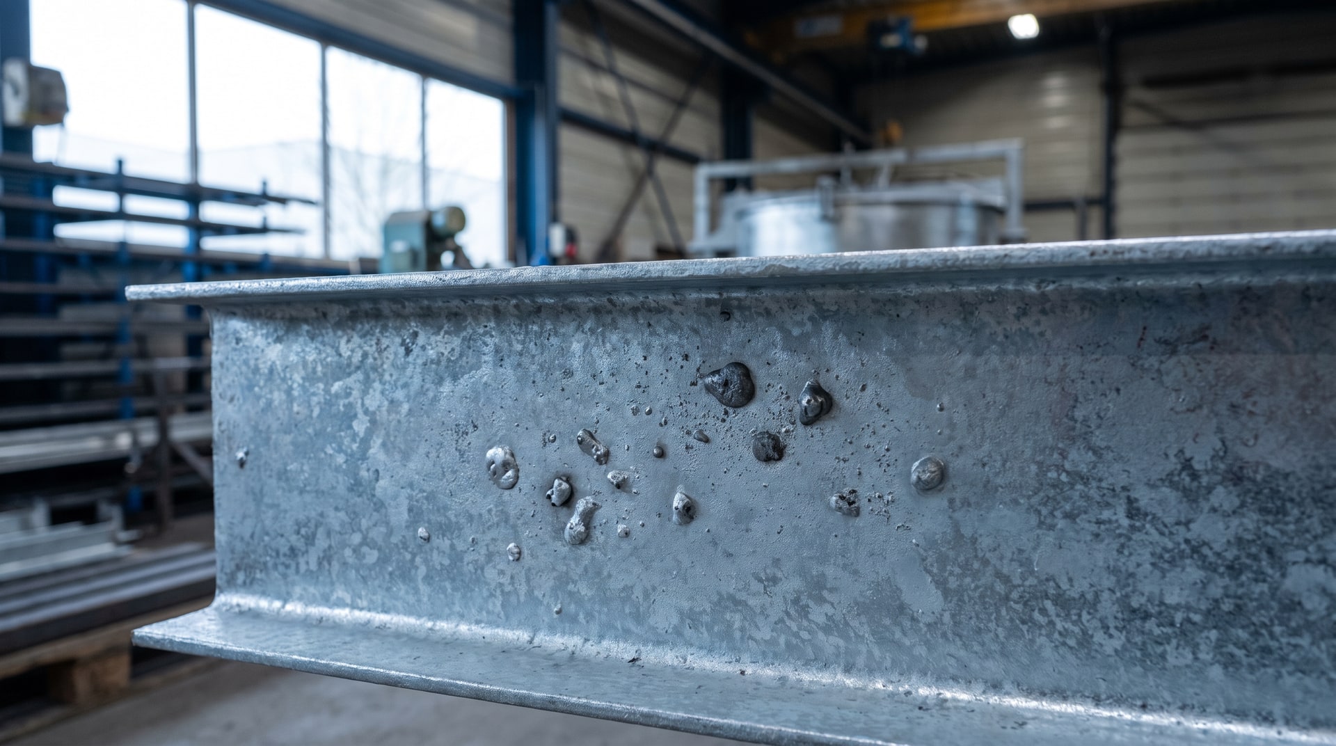 Close-up of a freshly galvanized steel beam surface showing small dross pimples and raised dross inclusions under workshop lighting in an industrial galvanizing facility.