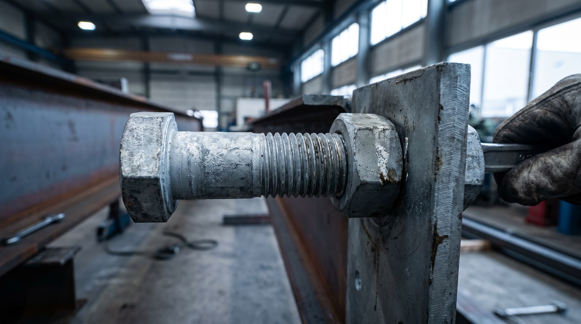 Close-up of a hot-dip galvanized hex bolt and nut being assembled by hand on a steel structural connection, showing the zinc-coated threads under industrial shop lighting.