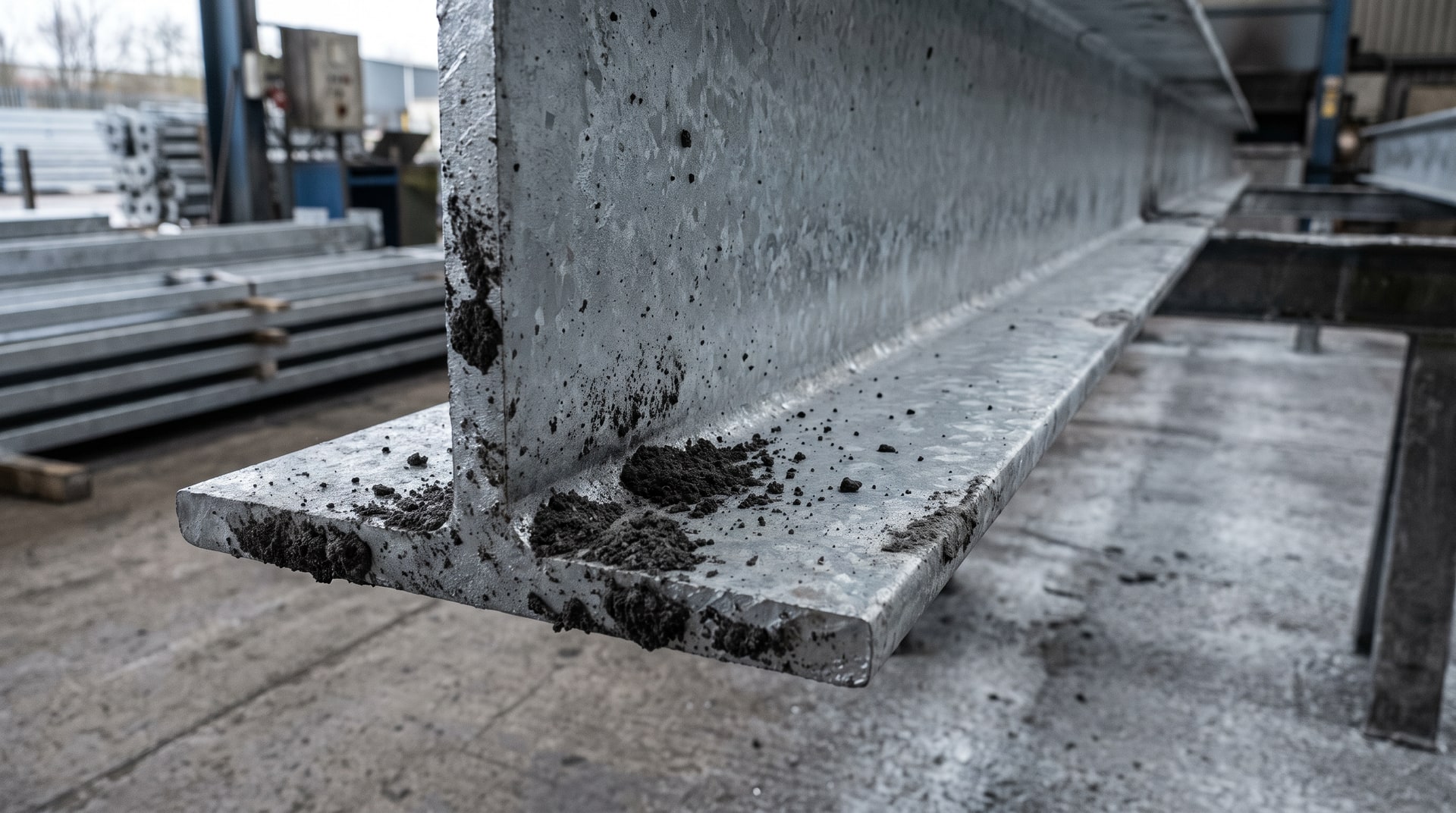 Close-up of black powdery skimmings inclusions on a hot-dip galvanized steel beam flange, showing the dark residue trapped beneath the top flange in an industrial galvanizing facility.