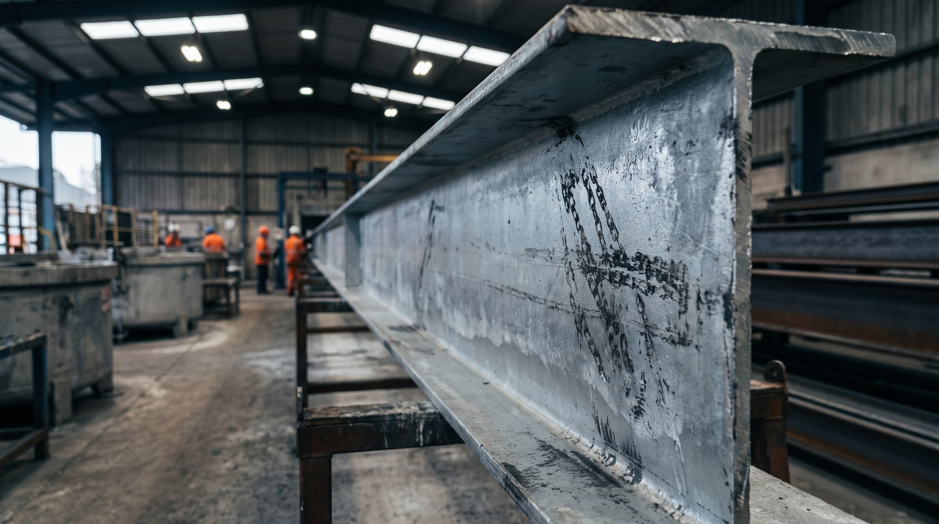 Close-up of a hot-dip galvanized steel structural member showing chain contact marks on the zinc coating surface, photographed under bright industrial lighting inside a galvanizing plant.