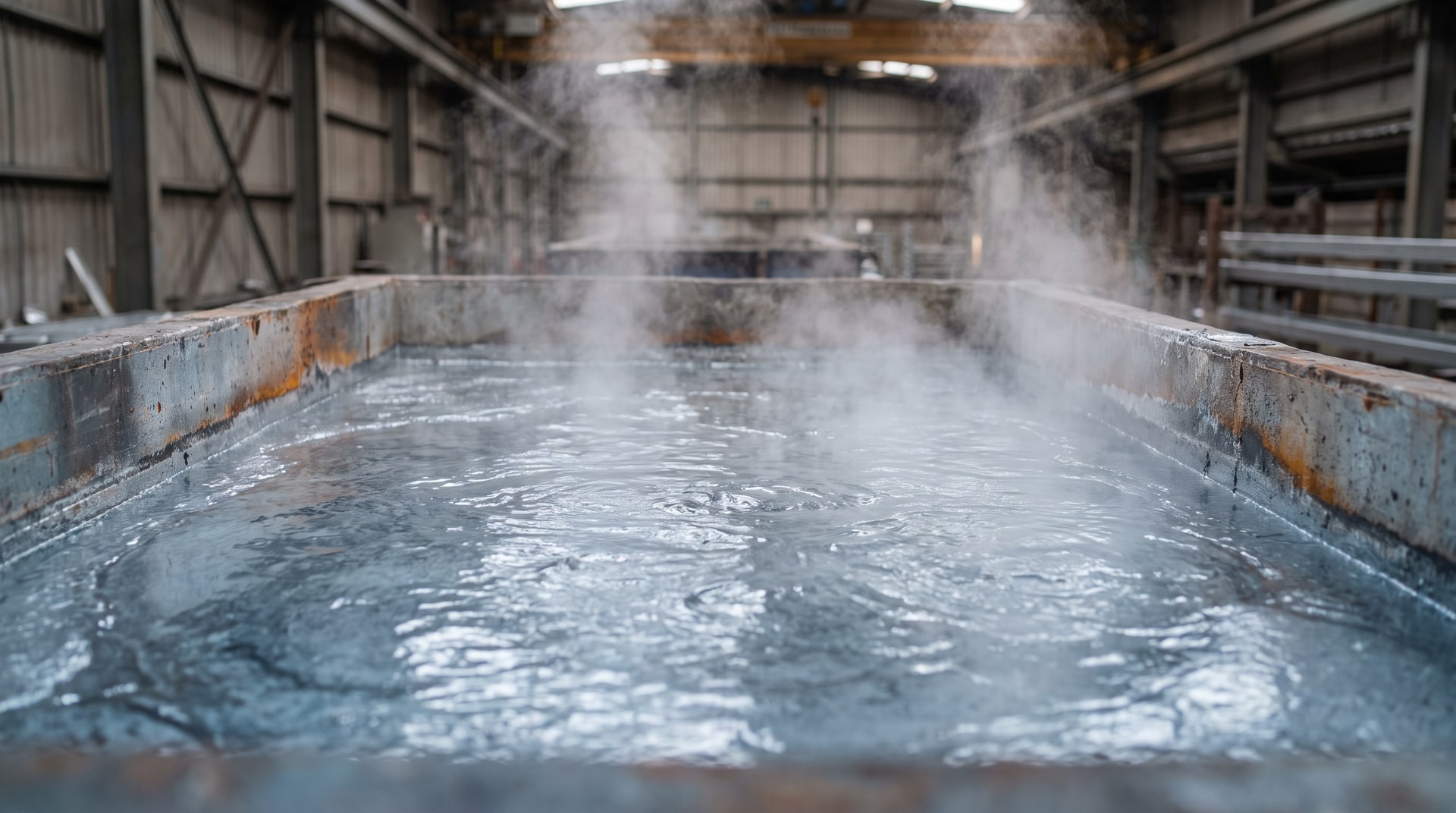 Close-up view of a molten zinc galvanizing kettle with steam rising from the surface inside a hot-dip galvanizing facility, showing the liquid zinc bath at operating temperature.