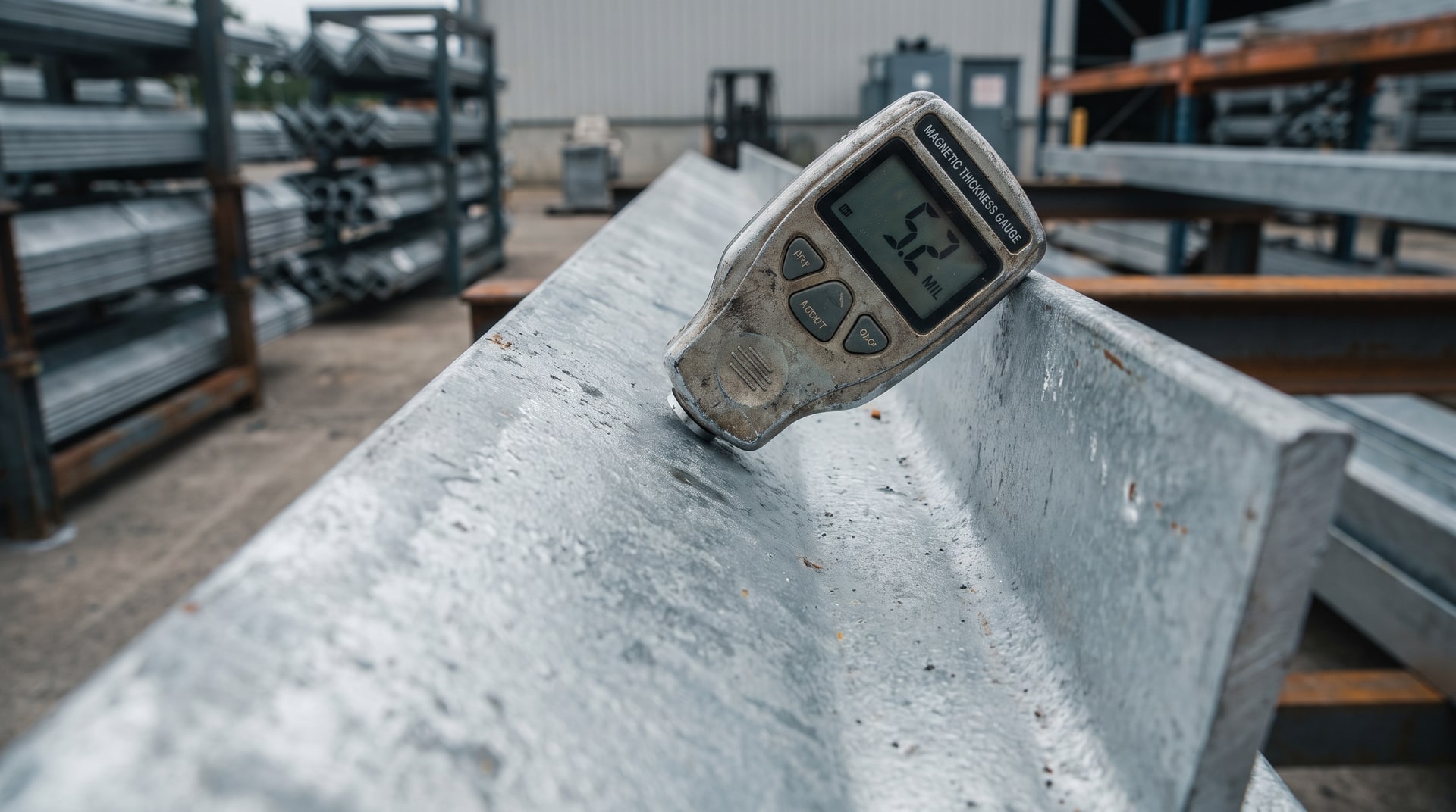 Inspector using a magnetic thickness gauge to measure zinc coating on a hot-dip galvanized structural steel angle in a galvanizing plant inspection area.