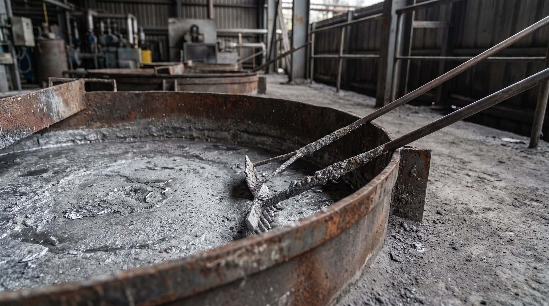 Close-up view of a large steel galvanizing kettle filled with molten zinc inside an industrial galvanizing plant, with visible surface oxidation and slag removal tools resting on the rim.