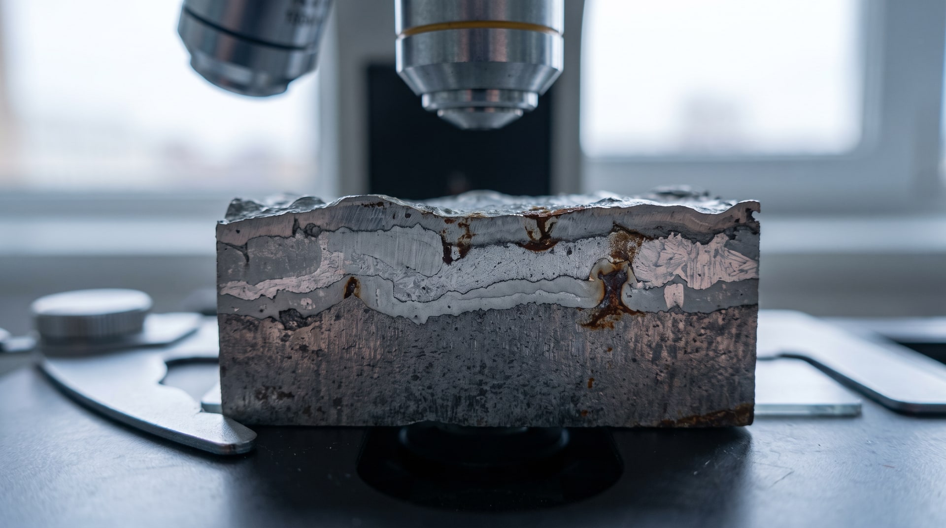 Close-up cross-section microstructure of hot-dip galvanized steel showing zinc-iron alloy layers on a high-silicon steel sample under metallographic lighting in a laboratory setting.