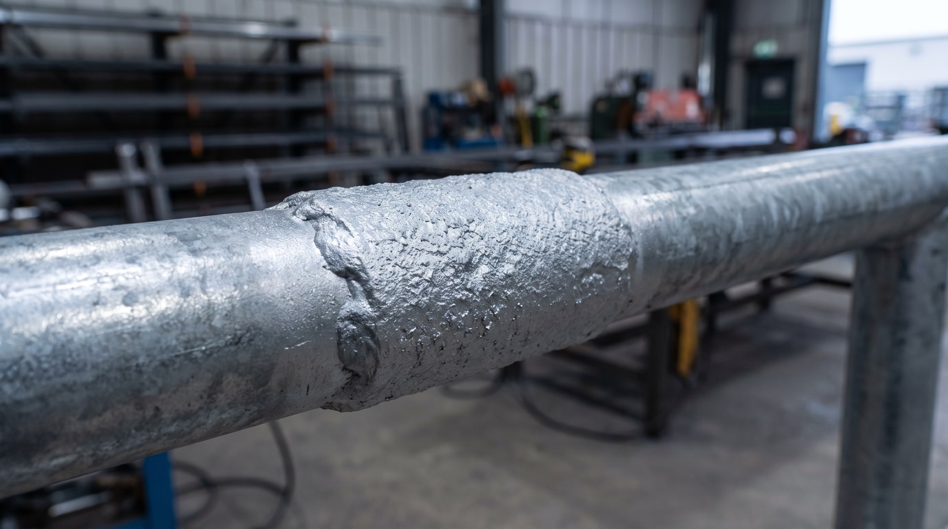 Close-up of a galvanized steel handrail section showing a raised, thick zinc coating over a ground weld area, with dull grey finish contrasting the smoother surrounding tube steel in a fabrication shop.