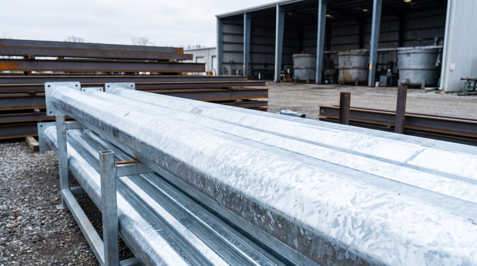Freshly galvanized structural steel poles racked outdoors at a galvanizing facility, showing the bright shiny zinc coating with visible spangle on the surface under natural daylight.